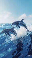 Fototapeta premium Two Dolphins Leap Above Ocean Waves