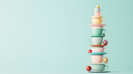 Colorful Stacked Teacups with Decorative Ornaments on a Soft Background