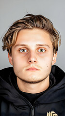 Young man headshot, neutral expression, studio background, profile picture, website use. generative ai