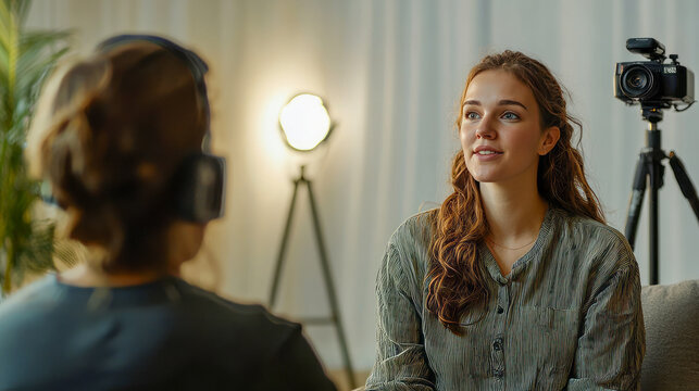 Young caucasian female filmmaker conducting interview with camera equipment in studio setting
