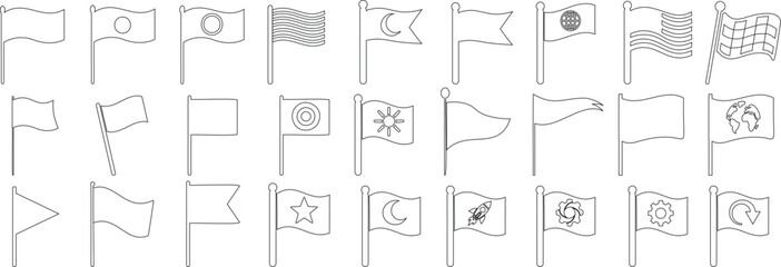 Flag outline set, hand drawn line icons of flags, symbols, globe, moon, stars, sun, targets, rockets, patterns, and stripes. Perfect for vector design, creativity, and conceptual themes