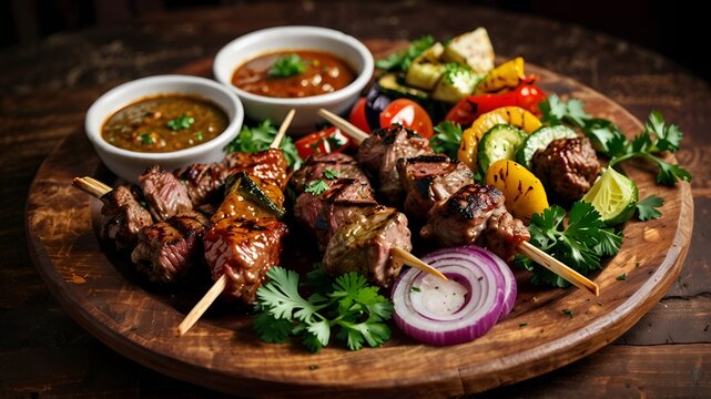 Arabic grilled delicacies on a rustic wooden table.