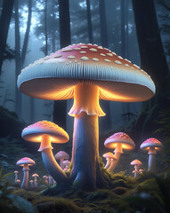 beautiful Agaricus bisporus mushroom in fairy background, created by generative ai
