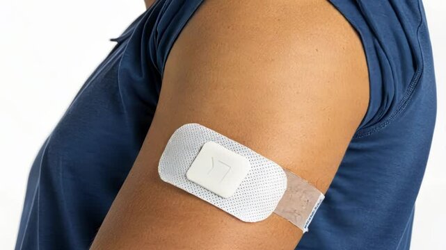 The arm is slightly bent revealing a sleek adhesive patch that securely holds the glucose monitor in place blending with the skin tone.