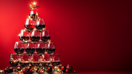 Festive Christmas Tree Made of Glasses Filled with Sparkling Drinks on a Red Background
