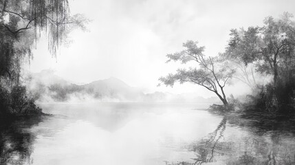 wallpaper vintage chinese landscape drawing of lake with trees and fog in black and white design for wallpaper, wall art, print, fresco, mural