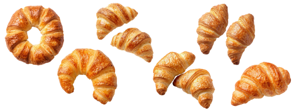 Close up of a variety of croissants, including a round one. The croissants are all different shapes and sizes, but they all have a golden brown color. on transparency background PNG