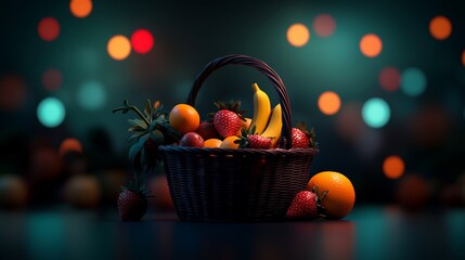 Naklejka premium Fruit basket with strawberries, oranges, and bananas in a dark setting with bokeh lights.