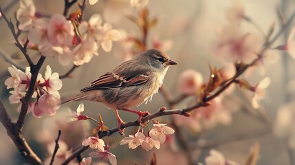 A small bird perched on the branch of a blooming cherry tree during springtime