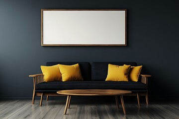 Dark room interior with mid-century modern sofa, wooden coffee table, and blank frame on wall.