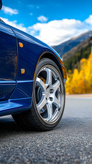 Blue Sports Car Wheel Autumn Mountain Road Drive. generative ai