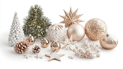 Obraz premium Elegant Christmas Arrangement with Golden Ornaments, Pine Cone, Stars, and Green Tree on a White Background