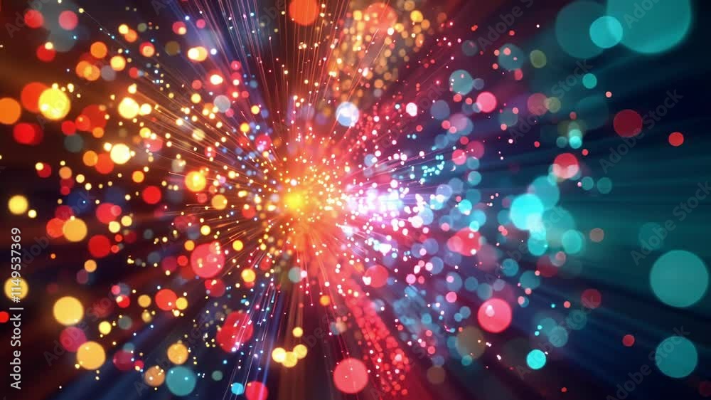 Poster big data stream exploding from the center creating a colorful particle explosion with light rays, pe