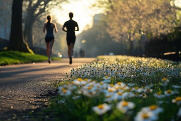 Obraz premium In a serene park, two runners enjoy the fresh air as a change in weather signals the beginning of spring. Daisies bloom along the path, hinting at the seasonal thaw and renewal.