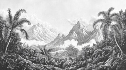wallpaper vintage landscape drawing of jungle mountains with trees fog and clouds in black and white design for wallpaper, wall art, print, fresco, mural