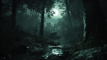 Fototapeta premium Night Forest: Mysterious Creatures by Moonlight Stream, Eerie Atmosphere, Dark Woods, Silhouettes, Magical Setting