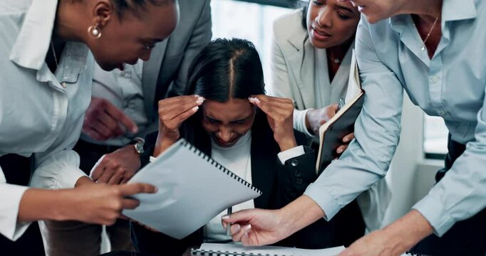 Stress, frustrated and woman in meeting with team workload, paperwork or schedule at finance agency. Busy, business people and overwhelmed person in office with anxiety, burnout or management crisis