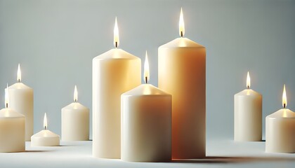 Set of pillar candles with flames illuminated, cut out