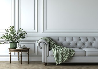 Elegant grey sofa with green throw blanket in a classic white room.