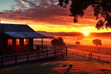 Fototapeta premium As the sunrise bathes the cabin in warm light, the crisp air turning warm hints at the season's thaw, welcoming the vibrant beauty of spring across the misty landscape.