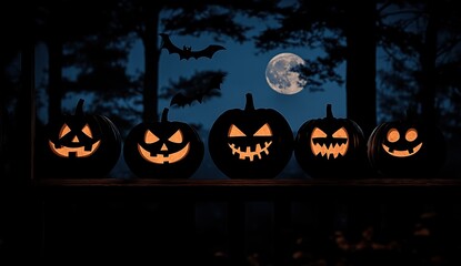 Spooky Jack-o'-lanterns Glowing under a Full Moon in the Dark Forest at Night