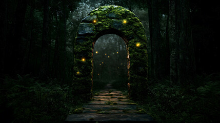 Obraz premium Enigmatic Stone Archway Illuminated by Glowing Moss in a Mystical Forest