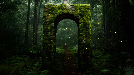 Obraz premium Ancient Stone Archway with Glowing Moss in Enchanted Forest