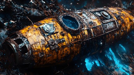 A rusted spaceship covered in toxic sludge, with glowing blue gas leaking from the engines