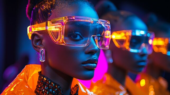 Models showcase innovative styles featuring bold colors and futuristic accessories during a cutting-edge fashion event in a dynamic setting. The atmosphere buzzes with excitement and creativity