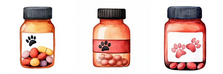 pet insurance emergency concept. Three jars of pet medication, each with colorful pills, featuring paw print labels, suggesting health care for animals.