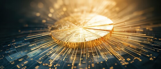 A golden coin radiates light and energy, symbolizing wealth, technology, and digital currency against a dark background.
