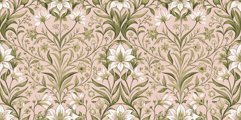 Elegant floral pattern featuring white lilies and intricate vines on a soft pink background.