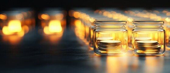 A close-up view of illuminated jars filled with coins, creating a warm and inviting atmosphere, ideal for themes of savings and investments.