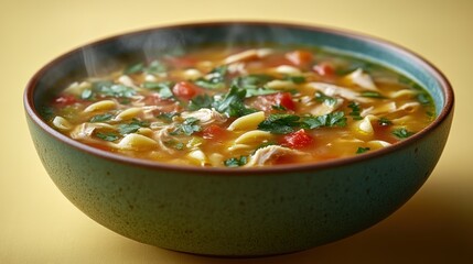 A steaming bowl of chicken noodle soup, with vibrant colors and a close-up view of the ingredients.