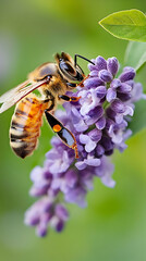 Fototapeta premium Honeybee pollinating lavender flower in garden, nature background, perfect for eco-friendly products. generative ai