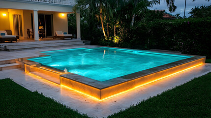 Illuminated Square Pool, Night, Tropical Home, Relaxing Backdrop, Luxury Real Estate. generative ai