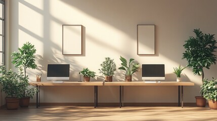 Sunlit minimalist office space with two workstations, plants, and blank frames.