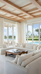 Luxurious White Living Room, Pool View, Coffered Ceiling, Florida Home Interior Design. generative ai