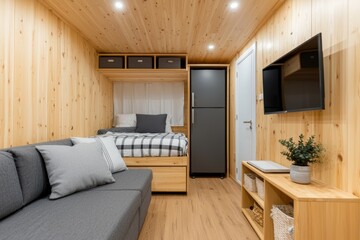 Fototapeta premium Cozy Tiny House, Smart Storage, Modern Design. Relaxing ambiance, wood accents