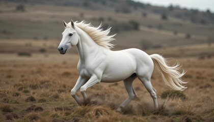 Fototapeta premium Majestic White Stallion Galloping Across Golden Fields Under a Cloudy Sky