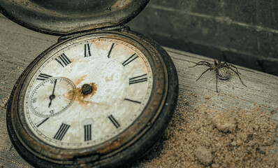Antique clock with a spider on a wooden surface.A rusty pocket watch with a Roman dial.A brutal spider background.