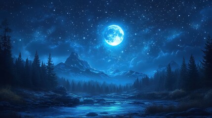 Fototapeta premium Moonlit river, mountains, forest, starry night.