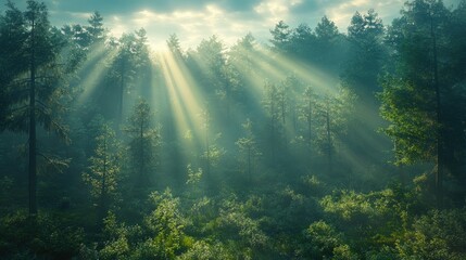 Obraz premium Sunbeams illuminate misty, green forest.