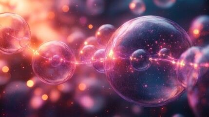 Abstract representation of molecular structures, translucent spheres interconnected by glowing lines, vibrant colors, bokeh effect.