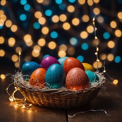 Eggs arranged in a colorful basket under twinkling fairy lights.