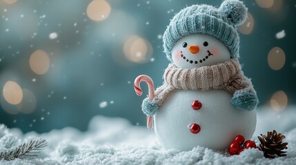 Obraz premium Adorable snowman in winter scene with candy cane, hat, scarf, and snow.