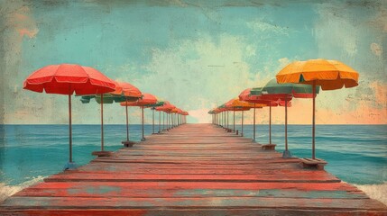 Colorful umbrellas line a wooden pier above the sea.
