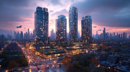 Obraz premium Aerial view of futuristic city skyline with modern skyscrapers, vibrant urban landscape, and aerial vehicles.