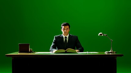 Businessman at Desk, Green Screen Background