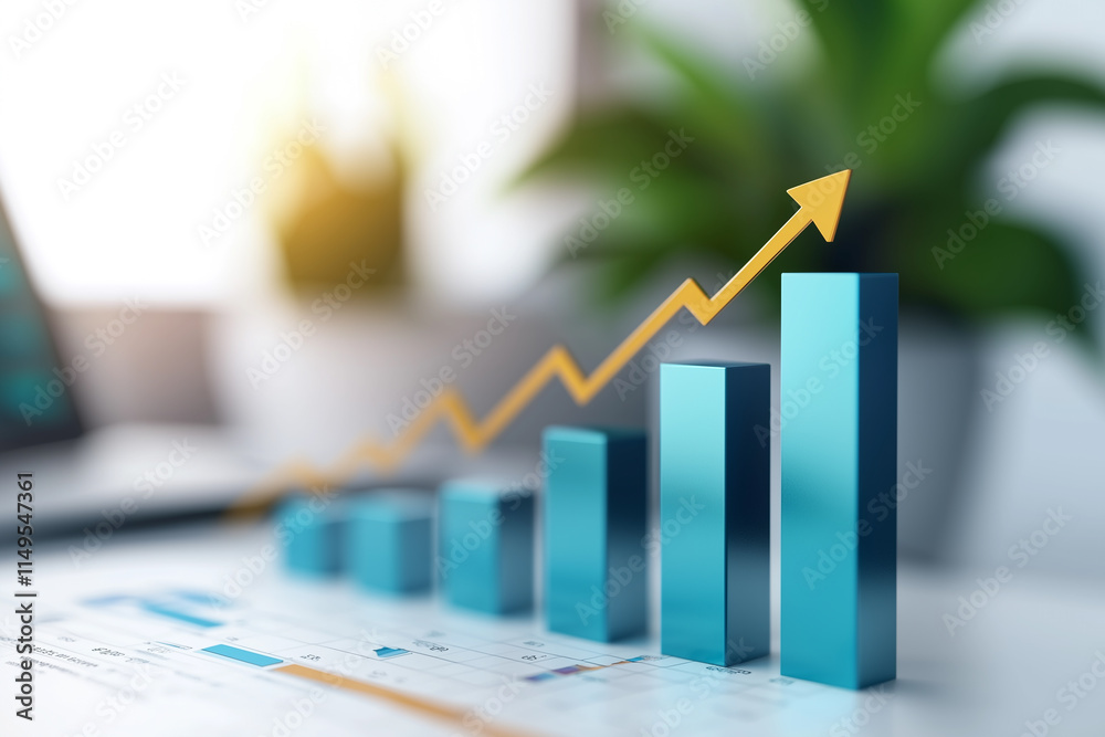 Aufkleber 3d bar chart with rising arrow symbolizing growth and success, placed on financial document with blu